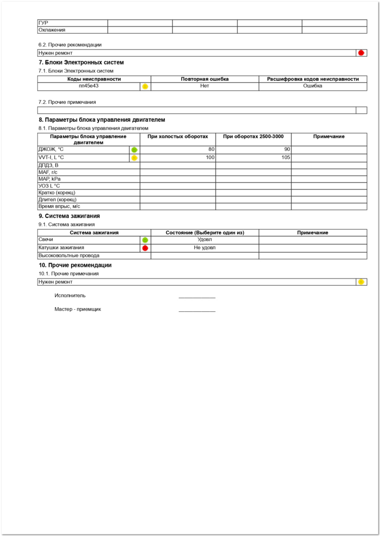 Анкета Диагностика работоспособности двигателя и электронных систем управления